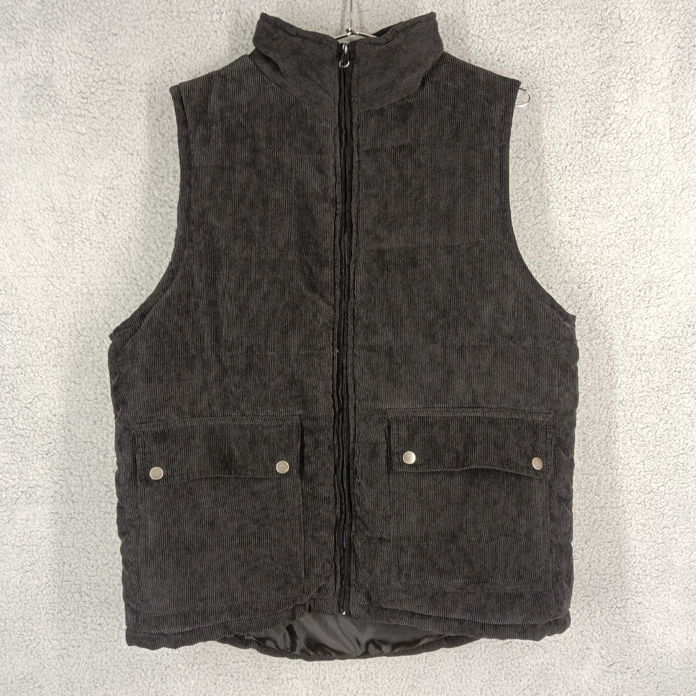 Weather Wear Mens XL Black Corduroy Puffer Vest Quilted Padded Sleeveless Jacket